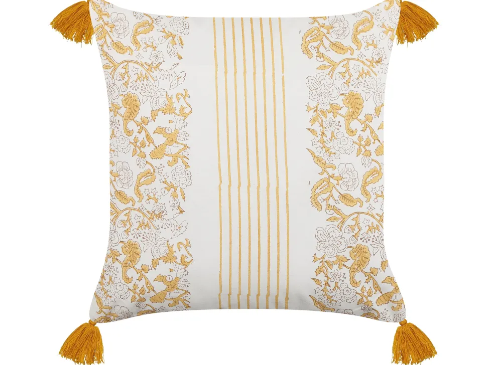 Dekokissen Blumenmuster Baumwolle Senfgelb / Weis Mit Quasten 45 X 45 Cm Biloba