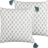 Dekokissen Blumenmuster Baumwolle Weis/Blau Mit Quasten 45 X 45 Cm 2Er Set Cornus