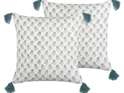 Dekokissen Blumenmuster Baumwolle Weis/Blau Mit Quasten 45 X 45 Cm 2Er Set Cornus