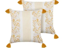 Dekokissen Blumenmuster Baumwolle Senfgelb / Weis Mit Quasten 45 X 45 Cm 2Er Set Biloba