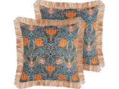 Dekokissen Blumenmuster Samtstoff Blau / Orange Mit Fransen 45 X 45 Cm 2Er Set Mitella