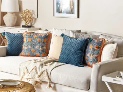 Dekokissen Blumenmuster Samtstoff Blau / Orange Mit Fransen 45 X 45 Cm 2Er Set Mitella