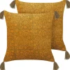 Dekokissen Blumenmuster Samtstoff Senfgelb Mit Quasten 45 X 45 Cm 2Er Set Rheum