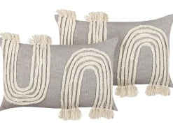 Dekokissen Geometrisches Muster Baumwolle Grau / Beige Gestickt 35 X 55 Cm 2Er Set Ocimum