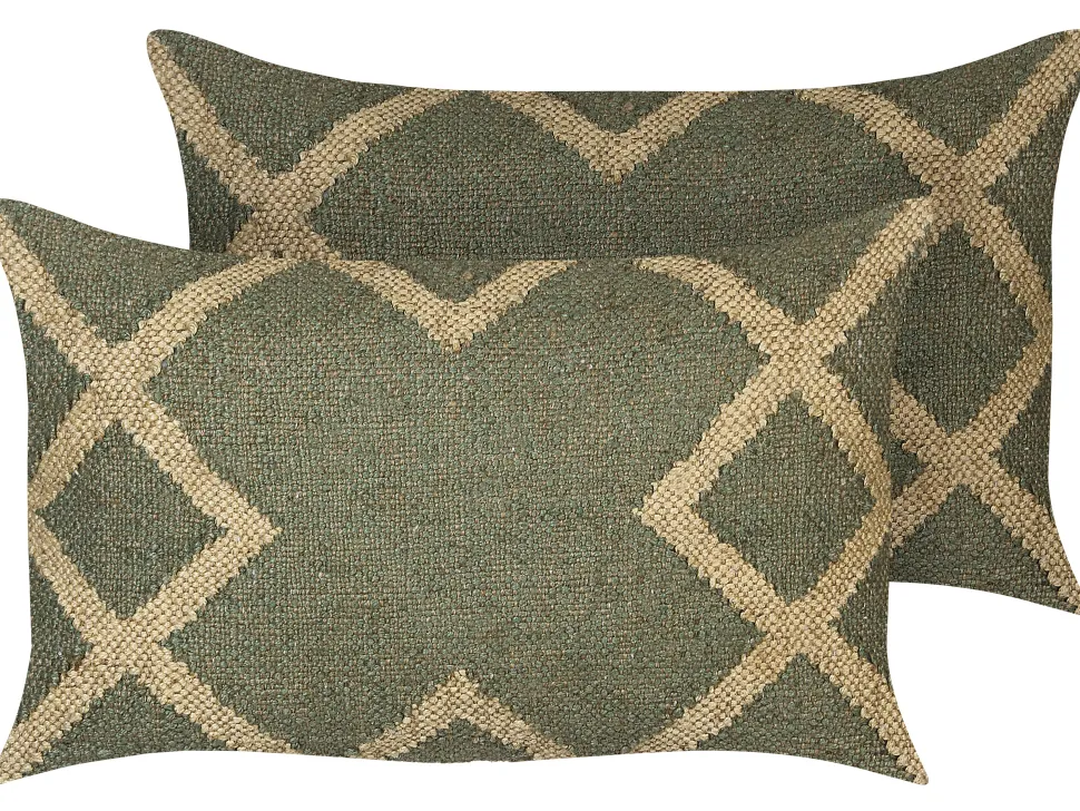 Dekokissen Geometrisches Muster Jute Grun / Beige 30 X 50 Cm 2Er Set Gopi
