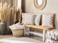 Dekokissen Pflanzenmuster Baumwolle Weiss/Orange Mit Fransen 45 X 45 Cm 2Er Set Sativus