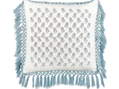 Dekokissen Pflanzenmuster Baumwolle Weis/Blau Mit Fransen 45 X 45 Cm Pallida