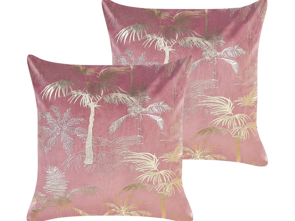 Dekokissen Samt Rosa Mit Palmenmotiv 45 X 45 Cm 2Er Set Caranday