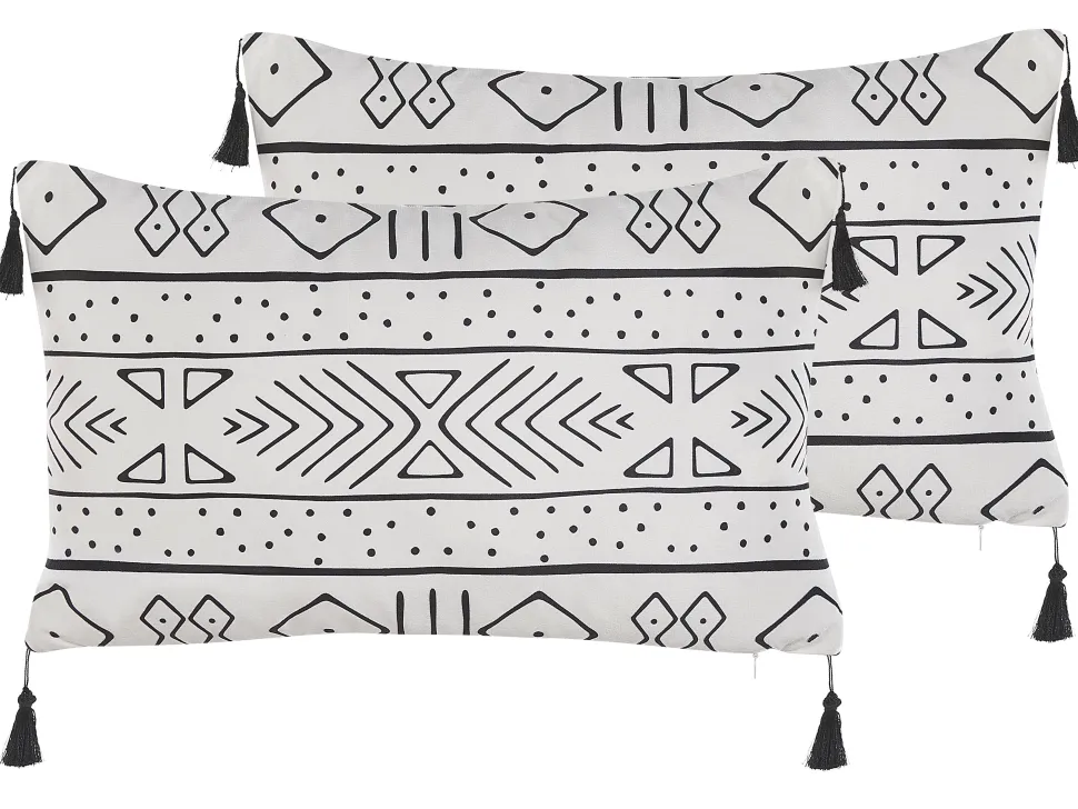 Dekokissen Samtstoff Geometrisches Muster Mit Fransen Weis / Schwarz 30 X 50 Cm 2Er Set Schefflera
