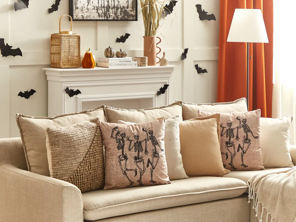 Dekokissen Skelett-Motiv Samtstoff Beige 45 X 45 Cm 2Er Set Mortesti