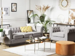 Fabric Living Room Set Light Grey Chesterfield