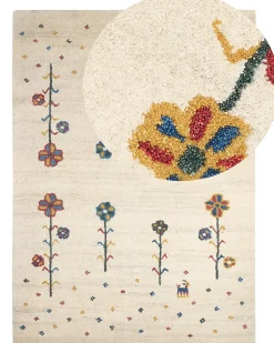Gabbeh Teppich Wolle Beige 160 X 230 Cm Blumenmuster Hochflor Husunlu