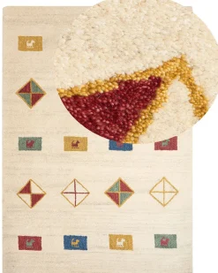 Gabbeh Teppich Wolle Beige 160 X 230 Cm Geometrisches Muster Hochflor Misinli