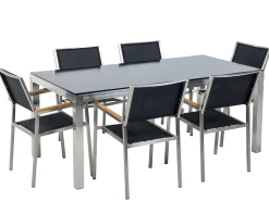Gartenmöbel Set Glasplatte Schwarz 180 X 90 Cm 6-Sitzer Stühle Textilbespannung Schwarz Grosseto