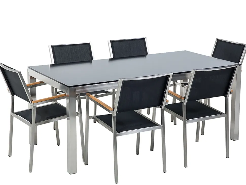 Gartenmöbel Set Glasplatte Schwarz 180 X 90 Cm 6-Sitzer Stühle Textilbespannung Schwarz Grosseto