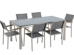 Gartenmöbel Set Glasplatte Schwarz 180 X 90 Cm 6-Sitzer Stühle Textilbespannung Grau Grosseto