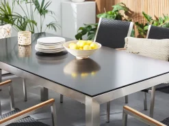 Gartenmöbel Set Glasplatte Schwarz 180 X 90 Cm 6-Sitzer Stühle Textilbespannung Grau Grosseto
