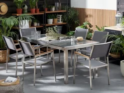 Gartenmöbel Set Granit Grau Poliert 180 X 90 Cm 6-Sitzer Stühle Textilbespannung Grau Grosseto