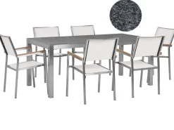 Gartenmöbel Set Granit Grau Poliert 180 X 90 Cm 6-Sitzer Stühle Textilbespannung Weis Grosseto