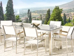 Gartenmöbel Set Granit Grau Poliert 180 X 90 Cm 6-Sitzer Stühle Textilbespannung Weis Grosseto