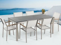 Gartenmöbel Set Naturstein Schwarz Geflammt 180 X 90 Cm 6-Sitzer Stühle Textilbespannung Weis Grosseto