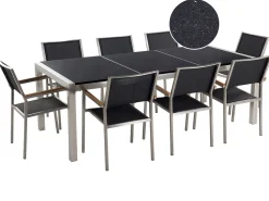 Gartenmöbel Set Naturstein Schwarz Poliert 220 X 100 Cm 8-Sitzer Stühle Textilbespannung Grosseto