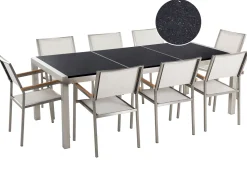 Gartenmöbel Set Naturstein Schwarz Poliert 220 X 100 Cm 8-Sitzer Stühle Textilbespannung Weis Grosseto