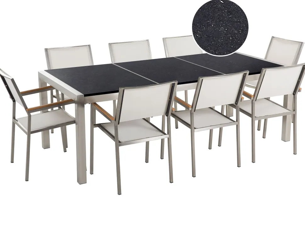 Gartenmöbel Set Naturstein Schwarz Poliert 220 X 100 Cm 8-Sitzer Stühle Textilbespannung Weis Grosseto