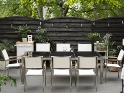 Gartenmöbel Set Naturstein Schwarz Poliert 220 X 100 Cm 8-Sitzer Stühle Textilbespannung Weis Grosseto