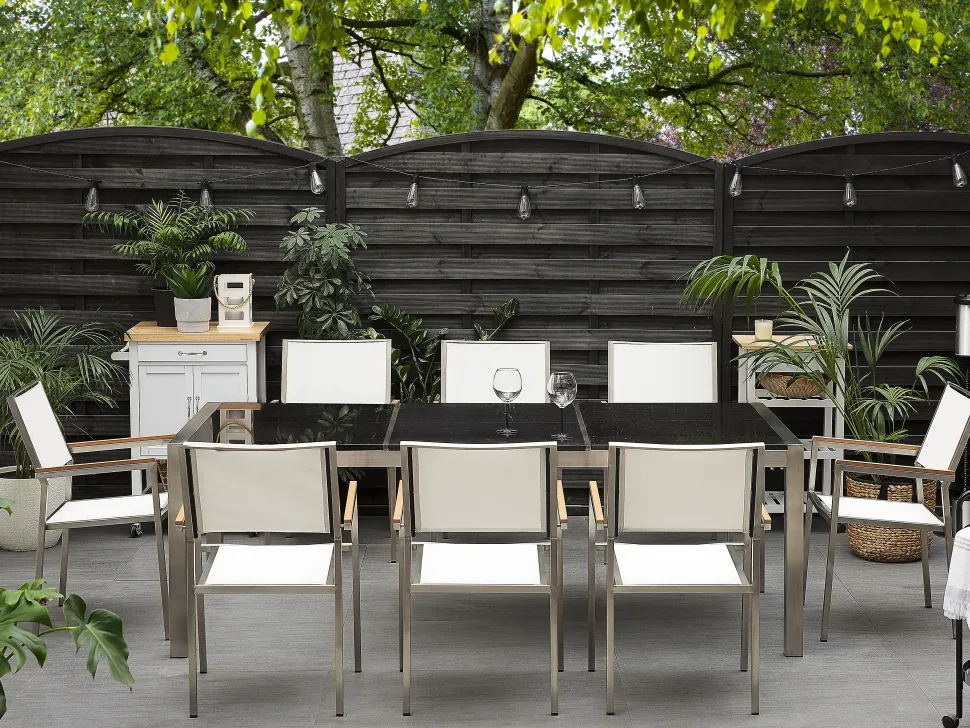 Gartenmöbel Set Naturstein Schwarz Poliert 220 X 100 Cm 8-Sitzer Stühle Textilbespannung Weis Grosseto