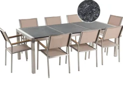 Gartenmöbel Set Naturstein Schwarz Geflammt 220 X 100 Cm 8-Sitzer Stühle Beige Textilbespannung Grosseto