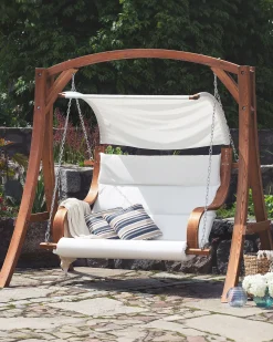 Gartenschaukel Larchenholz Dunkelbraun Sonnendach Beige Aprilia