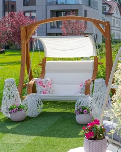Gartenschaukel Larchenholz Dunkelbraun Sonnendach Beige Aprilia