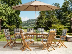 Gartenset Akazienholz Hellbraun 8-Sitzer Auflagen Dunkelblau-Beige Sonnenschirm Maui