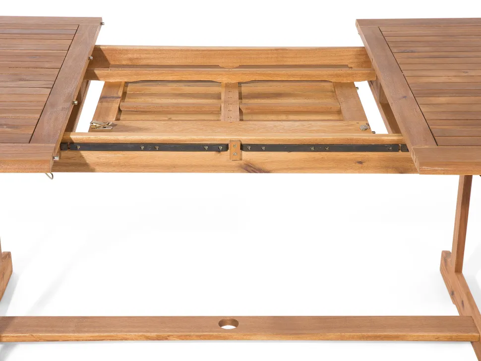 Gartenset Akazienholz Hellbraun 8-Sitzer Auflagen Dunkelblau-Beige Sonnenschirm Maui