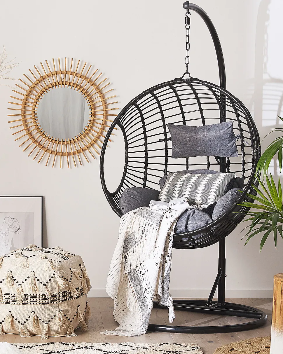 Hangesessel Rattan Schwarz / Grau O 99 Cm Mit Sitzkissen Aspio