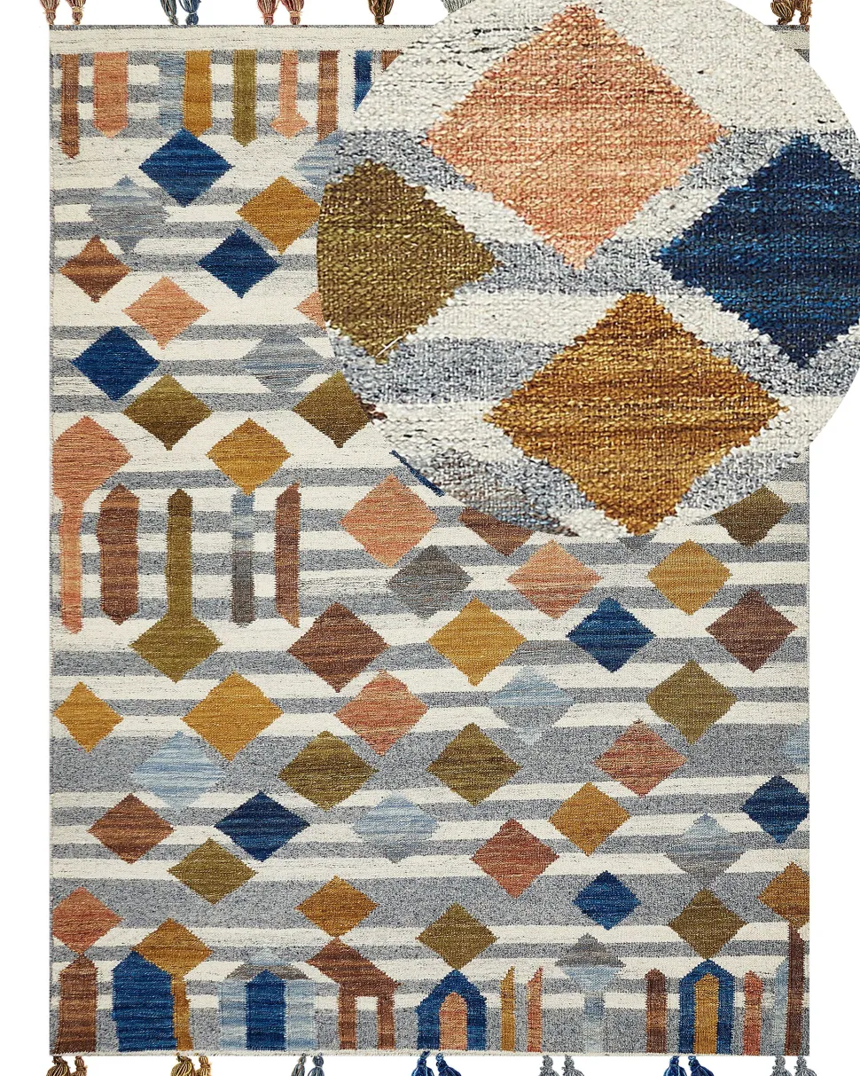 Kelim Teppich Wolle Mehrfarbig 160 X 230 Cm Geometrisches Muster Kurzflor Kasakh