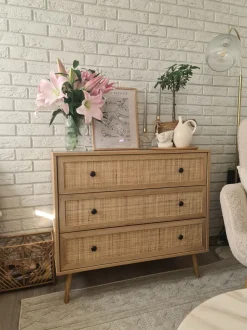Kommode Rattan Heller Holzfarbton 3 Schubladen Ponca