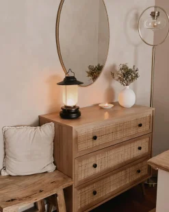 Kommode Rattan Heller Holzfarbton 3 Schubladen Ponca