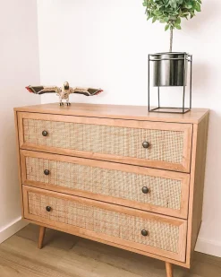 Kommode Rattan Heller Holzfarbton 3 Schubladen Ponca