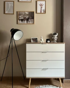 Kommode Weis / Heller Holzfarbton 4 Schubladen Walpi