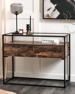 Konsolentisch Glas Dunkler Holzfarbton / Schwarz 2 Schubladen Mauk