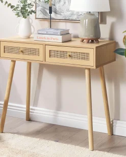Konsolentisch Rattan Helles Holz 2 Schubladen Odell