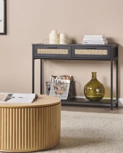 Konsolentisch Rattan Schwarz / Beige 2 Schubladen Opoco