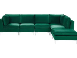 Left Hand 5 Seater Modular Velvet Corner Sofa With Ottoman Green Evja