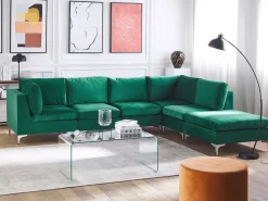 Left Hand 5 Seater Modular Velvet Corner Sofa With Ottoman Green Evja