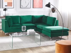 Left Hand 4 Seater Modular Velvet Corner Sofa With Ottoman Green Evja