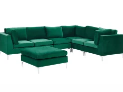 Left Hand 6 Seater Modular Velvet Corner Sofa With Ottoman Green Evja