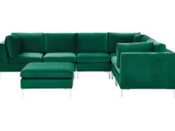 Left Hand 6 Seater Modular Velvet Corner Sofa With Ottoman Green Evja