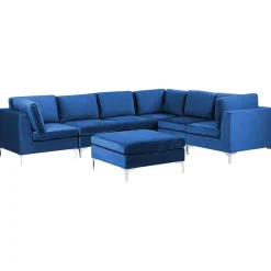 Left Hand 6 Seater Modular Velvet Corner Sofa With Ottoman Blue Evja